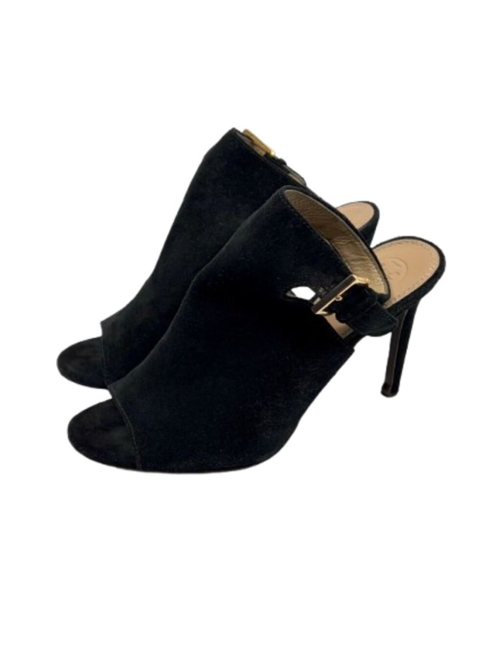 TORY BURCH Brittania Black Suede Peep-Toe Heeled Sandals - Size 9